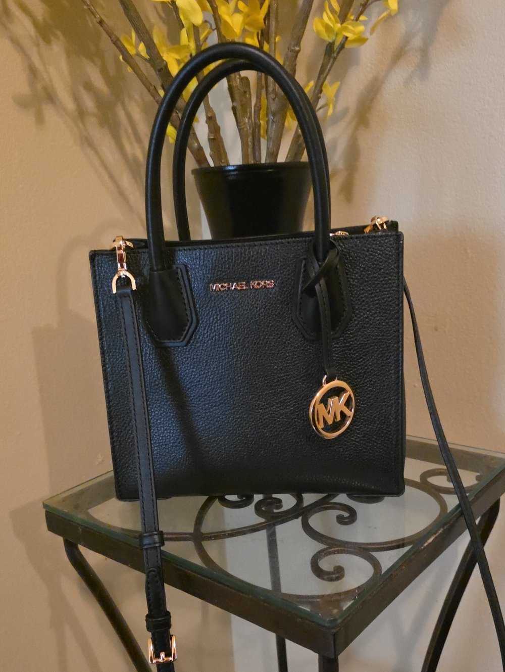 Michael Kors Black Pebbled Leather Satchel with Gold MK Charm